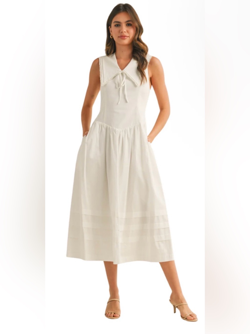 &merci White Midi Dress with Peter Pan Collar